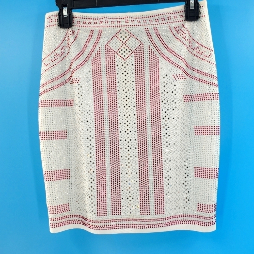 Akira white stretch pencil skirt with red, clear and blue rhinestones